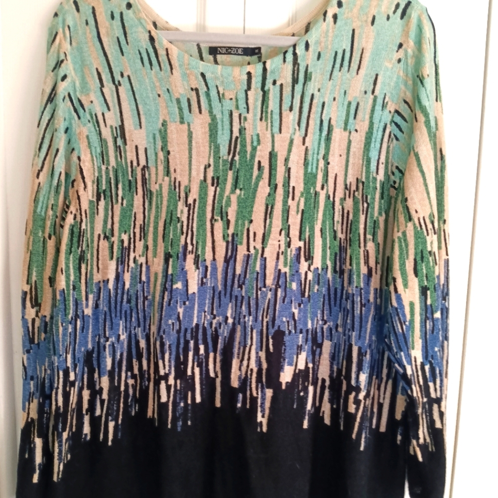 NIC+ZOE Green and Blue Patterned Sweater 1X
